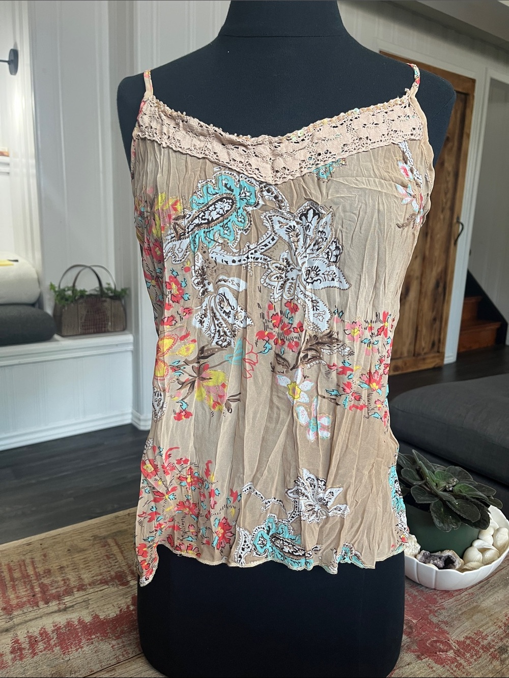 Beige Floral-Paisley Spaghetti Strap Camisole with Turquoise Accents